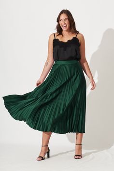 Wear the skirt, not the pants. Our Allison Midi Pleat Skirt is a floaty skirt fitted in the waist, with a pleated skirt. Pair yours with a cami, leather jacket & boots. Lightweight, non-stretch, Wash & Wear fabric Unlined Elasticised waist Pull on style Elasticised waist Pleated texture True to size 100% Polyester Our model Jordan wears a size AU 8. She is 178cms in height and features a B 91cms W 66cms H 91cms Our model Jane wears a size AU 14. She is 183 cms in height and features a B 102cms W Pleat Skirt, Skirt Fits, Pleated Midi Skirt, Pleated Skirt, Pre Order, Emerald, Jordan, Leather Jacket, Satin