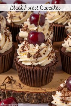 chocolate cupcakes with white frosting and cherries on top