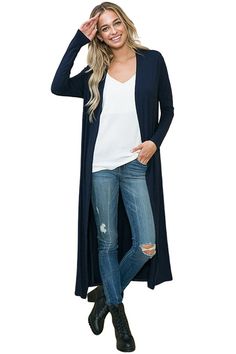 Bring a dash of style to breezy days with this Long Sleeve Solid Maxi Cardigan from Iconic Luxe. Tailored in a regular fit with a length that hits at the knees, this long-sleeve cardigan is crafted from a lightweight fabric for a cozy feel. Designed in a solid hue, you can layer the cardigan over tops or dresses for versatile styling options. 95% Rayon, 5% Spandex Made in the USA Pull On closure Features: open front, long sleeves, midi length, lightweight fabric Suit for: work, casual, everyday Navy Blue Cardigan Outfit, Blue Cardigan Outfit, Barbeque Party, Navy Blue Cardigan, Maxi Cardigan, Cardigan Outfits, Sleeve Cardigan, Casual Everyday, Long Sleeve Cardigan