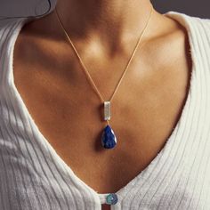 A massive faceted cut of the most beautiful deep blue lapis lazuli will add the pop of color you've been looking for to your favorite outfit. This incredible gemstone hangs from a hand forged matte finished sterling bar and delicate gold chain. From our Joy Collection. #statementnecklace #metalaccents #lapislazuli •Sterling silver and 14k gold filled •Lapis lazuli •Pendant Dimensions: about 1/2 x 1.75" •Length: 17" Delicate Gold Chain, Lapis Lazuli Pendant, Blue Lapis Lazuli, Blue Lapis, Jewelry Repair, Metallic Accents, Bar Necklace, Hand Forged, Semi Precious Gemstones