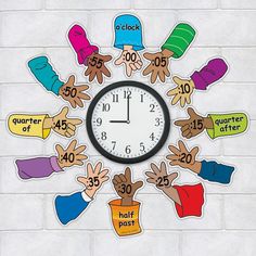 a clock surrounded by hand drawn stickers on a white brick wall with words around it