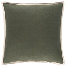 an olive green pillow with white piping on the front and bottom, sitting against a white background