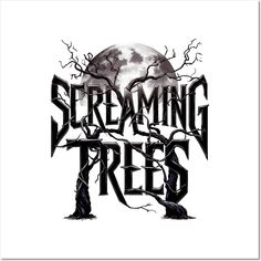 a black and white poster with the words streaming trees in it's center surrounded by spooky branches