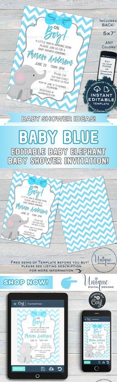 Congratulations on the new baby! Oh Boy! Adorable Baby Elephant Baby Shower invitation - ANY COLORS! What better way to celebrate the mom-to-be and the new baby than with a customized Baby Shower or Baby Sprinkle Invitation! Cute Elephant design matching your nursery theme! #babyshower #invitation #babyboy #editabletemplates #uniquedigitaldesigns #supercutebabyshower #adorablebaby #babyblue #babysprinkle #baby #babyelephant Baby Sprinkle Invitations, Sprinkle Invitations, Elephant Baby Shower Invitations, Nursery Theme, Family Ideas