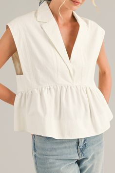 a sophisticated and trendy addition to your wardrobe. perfect for warm weather and versatile enough for various occasions, this top combines classic elements, like a peplum silhouette and collared neckline, with a modern twist. 100% cotton model is wearing a size small model's measurements: 5'10" height, 32" bust, 25" waist, 35" hips Romper Fall, Sleeveless Peplum Top, Semi Cropped, Babydoll Style, Chic Top, Babydoll Top, Washed Denim, Romper With Skirt, Waist Length