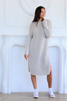 Oversized knit dress features open/round neckline, side splits, thumb holes and relaxed fit . Ultralight but extra warm. Made of 78% Peruvian Alpaca/merino wool blend. Color is Pearl grey. Length for size Small is 38 inches / 97 cm , measured from the top of the shoulder down.  If you are tall or petite please let us k Peruvian Alpaca, Wool Knitted Dress, Sweater Dress Outfit, Sweater Dress Oversized, Mommy Makeover, Alpaca Sweater, Knit Alpaca, Legging Outfits, Sweater Dresses