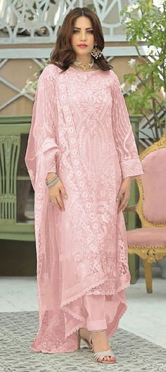 Pink and Majenta color Salwar Kameez in Faux Georgette fabric with Embroidered, Thread work Pant Salwar Suit, Beige Bridesmaids, Long Anarkali Gown, Anarkali Suits Bollywood, Pink Dupatta, Modest Evening Dress, Reception Lehenga, Palazzo Suit, Pink Fox