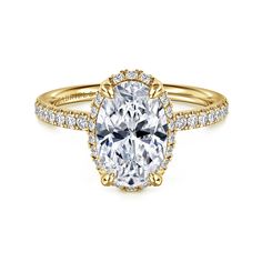 a yellow gold engagement ring with an oval cut diamond surrounded by pave set diamonds