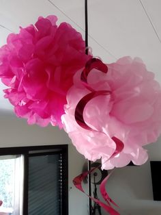 some pink tissue flowers hanging from a ceiling