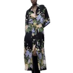 Zara Long Sleeve Black Floral Maxi Shirt Dress Collared, Full Button Front W/ Gold Buttons, Self-Tie Removable Waist Sash, Button Cuffs, 15" Side Slits, Garden, Botanical, Wedding Guest, Dark Romance, Vacation, Travel, Party, Spring, Easter Size L -- Pit To Pit 21", Shoulder To Hem 49" -- 100% Polyester Brand New W/ Tag! 2/12/24-11.5 Black Collared Floral Print Dress, Black Collared Dress With Floral Print, Black Button-up Shirt Dress For Spring, Button-up Floral Maxi Dress For Daywear, Zara Button-up Maxi Dress For Daywear, Fall Floral Print Button-up Shirt Dress, Spring Black Maxi Dress With Button Closure, Black Maxi Dress With Button Closure For Spring, Zara Fitted Floral Print Shirt Dress