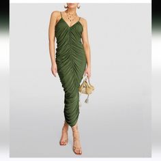 New With Tags Beautiful Dress And Stretches Well Ruched Draped Maxi Dress For Date Night, Green Ruched Draped Maxi Dress, Green Evening Dress With Ruched Sides, Green Ruched Dress For Date Night, Black Tie Cocktail Dress, Fishtail Midi Dress, Drape Gown, Norma Kamali Dress, Slip Gown