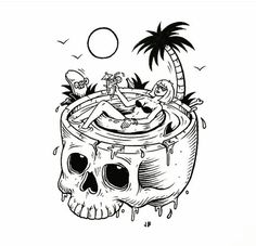 a black and white drawing of a skull in a pot with a skeleton on it