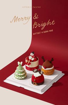 merry and bright gift set with baubles on red tablecloth next to christmas tree