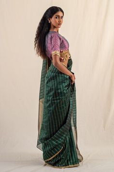 Green silk chanderi saree with gold zari striped work. Comes with an unstitched blouse piece. - Aza Fashions Kasavu Saree, Chanderi Saree, Work Sarees, Green Silk, Blouse Piece, Aza Fashion, Saree, Ootd, Silk