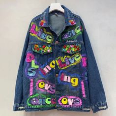 size: One size, Color: blue Autumn Rainbow, Beaded Denim, Graffiti Letters, Rhinestone Jeans, Sleek Dress, Cargo Jacket, Jeans Jacket, Blue Denim Jacket, Jacket For Women