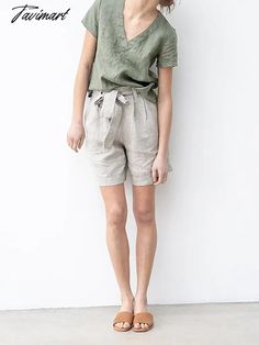 Tavimart 100% Linen Women'S Summer Shorts Casual High Waist Wide Leg Pants With Belt Oversize Shorts Free Shipping Items Short Femme éTé Khaki Linen Bottoms With Pockets, Summer Bottoms With Pockets In Flax Color, Summer Flax Bottoms With Pockets, Casual Linen Khaki Bottoms, Relaxed Fit Linen Khaki Bottoms, Casual Khaki Linen Bottoms, Relaxed Fit Khaki Linen Bottoms, Khaki Relaxed Fit Linen Bottoms, Relaxed Linen Short Bottoms