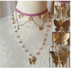 Butterflies see a range of ultraviolet color invisible to the human eye. And, of course, butterflies can see the beautiful pink and gold colors that make up this unique 2-Layer necklace that gives you that layered necklaces look in one convenient piece!   The first layer features a golden filagree cut-out butterfly pendant with draping gold chains that have various golden butterfly charms hanging from a pink velvet choker. The second layer has a medium-size golden butterfly pendant hanging from Pink Butterfly Necklace For Party, Trendy Pink Butterfly Necklace For Gift, Trendy Pink Butterfly Necklace Gift, Gold Butterfly Jewelry For Festival, Gold Butterfly Necklace For Party, Handmade Pink Butterfly Necklace, Ultraviolet Color, Polished Rocks, Gold Butterfly Necklace