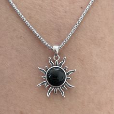 *  Dazzling Black Agate Sun Pendant with Popcorn Sterling Silver Chain Necklace, Celestial Pendant, Love Necklace, Silver Necklace, Onyx Pendant. Italy Popcorn Necklace, 925 Stamped *  Perfect gift idea for any occasion: birthday, anniversary, engagement, graduation, bridesmaid, Mother's Day, Valentine's Day, Christmas, promise. *  The sun represents life, but it's also known to typify energy, power, positivity, and clarity. *  Black agate uses its calming energy to keep stress to a minimum. In Nickel-free Black Spiritual Necklaces, Nickel-free Black Spiritual Necklace, Black Spiritual Nickel-free Necklace, Black Nickel-free Spiritual Necklaces, Black Nickel-free Spiritual Necklace, Black Sterling Silver Pendant Necklace, Black Bohemian Pendant Charm Necklace, Bohemian Black Pendant Charm Necklace, Spiritual Round Onyx Necklaces