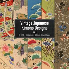 an assortment of vintage japanese kimono designs, including flowers and leaves on brown paper