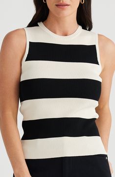 Bold stripes encircle a lightweight sleeveless sweater that's ribbed to hug your shape. 22" length (size Medium) Crewneck Cutaway shoulders 65% viscose, 35% nylon Hand wash, dry flat Imported Bold Stripes, Sleeveless Sweater, Cami Tanks, Black Stripes, Brave, Top Brands, Hand Wash, Womens Tops, Stripes