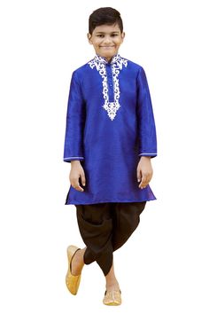 Product Features: Top Color: Blue Bottom Color: Black Top Fabric: Silk Bottom Fabric: Silk Pattern And Print: Embroidery Work: Solid And Neck Embroidered Sleeve Type: Full Sleeve Neckline Type: Chinese Collar Closure Type: Button Wash Care: Dry Clean Occasion: Festival Package Contain 1 Top And 1 Bottom Product Type Boys Kurta Pyjama Set Disclaimer: There Will Be Slight Difference In Digital To Actual Image Silk Blue Kurta With Resham Embroidery, Luxury Blue Kurta With Embroidered Border, Dark Blue Kurta For Men, Unstitched Blue Jamawar Kurta, Boys Blue Pajamas, Silk Pattern, Chinese Collar, Print Embroidery, Boys Kurta