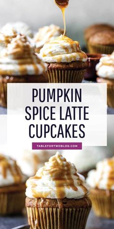 pumpkin spice latte cupcakes with whipped cream and caramel drizzle on top