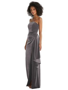 Strapless Velvet Maxi Bridesmaid Dress With Draped Cascade Skirt | The Dessy Group Elegant Velvet Evening Dress With Sweep Train, Elegant Velvet Evening Dress For Wedding, Formal Velvet Dress With Sweep Train, Velvet Evening Dress With Sweep Train For Wedding, Floor-length Velvet Evening Dress For Gala, Glamorous Velvet Evening Dress With Fitted Bodice, Strapless Velvet Dress For Prom, Elegant Velvet Dress With Sweep Train, Velvet Floor-length Evening Dress For Gala