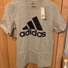 Gray, Black , Med! Adidas Gray Cotton Tops, Gray Cotton Sports Shirt, Casual Gray Sports Shirt, Gray Logo Print Casual Shirt, Gray Casual Shirt With Logo Print, Casual Gray Shirt With Logo Print, Adidas Shirt Mens, Soccer Tees, Adidas Short