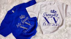 Are you having a Quince with a surprise dance (baile sorpresa) and need custom shirts?!😄  Quinceañera shirt: "Mis Quinces VX" with crown.  Court shirts: Name of the Quinceañera XV with crown.  Price listed is for ONE shirt only.  *Shirt is a unisex fit for both women and man.  In the personalization section please include:  1. Color you want the vinyl to be.  2. Solid color vinyl or glitter vinyl. 3. The name of the Quinceañera that will be displayed on the courts shirt.  4. Date of the Quiñce to be added on shirt.  If you would like to add an additional name/letter/image on the BACK of the shirt- that will be considered an "extra item" and will be charged seperatly via Venmo or Zelle. Price range : $3-$5 depending on size and image. Please let me know prior to placing order to see if you Baile Sorpresa Outfits Quinceanera, Quince Surprise Dance Outfits, Quince Shirts, Quinceanera Court, Surprise Dance Outfits, Channel Outfits, Surprise Dance, Quinceanera Dresses Blue, Dance Shirts