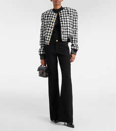 Houndstooth tweed jacket in black - Balmain | Mytheresa Balmain Jacket Outfit, Balmain Tweed Jacket, Luxury Tailored Houndstooth Outerwear, Luxury Long Sleeve Tweed Jacket For Work, Trendy Fitted Tweed Jacket For Workwear, Fitted Trendy Tweed Jacket For Workwear, Luxury Tweed Outerwear For Work, Chic Wool Tweed Jacket With Hidden Buttons, Chic Wool Tweed Jacket With Hidden Button Closure