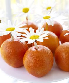 oranges and daisies on a plate with white flowers in the center, sitting next to each other