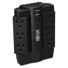 a black power strip with multiple outlets and two surge protectors on each side, one plugged into the other