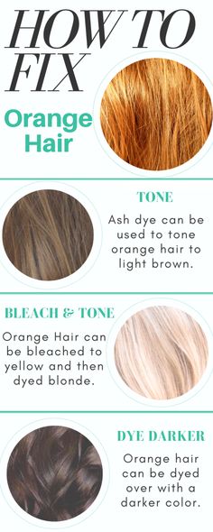 Fix Orange Hair, Tone Orange Hair, Toner For Orange Hair, Dark Orange Hair, Color Correction Hair, Hair Color Guide, Brassy Hair, Yellow Blonde, Hair Color Orange