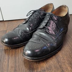 Vintage Eaton Wingtip derby black leather shoes size 12 Formal Oxfords With Goodyear Welting And Snip Toe, Snip Toe Brogue Dress Shoes For Business Casual, Semi-formal Goodyear Welted Oxfords With Round Toe, Black Pointed Toe Dress Shoes With Goodyear Welt, Goodyear Welted Semi-formal Round Toe Oxfords, Goodyear Welted Almond Toe Dress Shoes For Semi-formal, Black Wingtip Dress Shoes For Derby, Leather Almond Toe Dress Shoes For Galas, Semi-formal Almond Toe Dress Shoes With Goodyear Welt