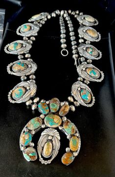 DISPLAY XXL Blue Boulder Turquoise Squash Blossom Necklace Pendant Navajo 15451 | eBay Naja Necklace, Antique Turquoise Jewelry, Vintage Navajo Jewelry, Taos Art, Real Turquoise Jewelry, Vintage Turquoise Jewelry, Turquoise Stone Jewelry, Beautiful Baubles, Turquoise Squash Blossom