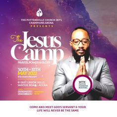 the jesus camp flyer is shown with a man in a suit and tie, holding his hands together