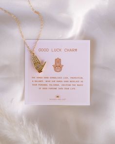 Wear luck around your neck with our Hamsa Luck Necklace! With its sleek and stylish design, it's the perfect accessory for risk-takers who embrace the unknown. Let it remind you to stay strong and take on whatever life throws your way! The Hamsa Hand symbolizes luck, protection & balance. Wear our Hamsa Hand Necklace as your personal talisman, inviting the magic of good fortune into your life. NECKLACE FEATURES Chain: 14K Gold-filled Cable Chain Charm: 21x13mm Brass, 18K Gold-plated Each necklac Spiritual Pendant Jewelry For Best Friend Gift, Spiritual Pendant Jewelry As Best Friend Gift, Adjustable Meaningful Necklace For Best Friend, Meaningful Adjustable Necklace For Best Friend, Inspirational Adjustable Necklace As Gift, Inspirational Adjustable Necklace For Gift, Symbolic Good Luck Pendant Necklace, Spiritual Good Luck Pendant Necklace, Inspirational Adjustable Necklace For Best Friend