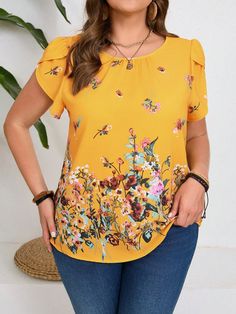 Plus Size Blue Floral Print Petal Sleeve Round Neck Summer Shirt Yellow Casual,Boho  Short Sleeve Woven Fabric Animal,Floral,Plants Top Non-Stretch Summer Women Plus Clothing, size features are:Bust: ,Length: ,Sleeve Length: Butterfly Sleeve Blouse, Rosé Summer, Petal Sleeve, Fabric Animals, Butterfly Sleeves, Plus Size Shorts, Loose Blouse, Boho Casual, Kids Sleepwear