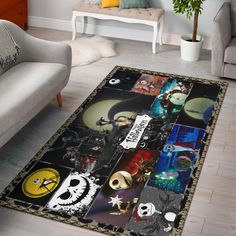 a living room area rug with various pictures on it