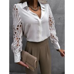 Season:Summer,Fall,Spring; Fabric:Polyester; Sleeve Length:Long Sleeve; Gender:Women's; Style:Stylish,Modern; Elasticity:Inelastic; Tops Type:Shirt,Dressy Tops; Occasion:Work; Fit Type:Form Fit; Pattern:Solid Color,Plain; Design:Lace,Eyelet; Neckline:Shirt Collar; Sleeve Type:Bishop Sleeve; Front page:FF; Listing Date:07/12/2024; Bust:null; Fit US Size:null; Fit UK Size:null; Fit EU Size:null Satin Bluse, Satin Blouse, Mesh Design, Pusheen, Outfit Casual, Sleeves Pattern, Lace Blouse, Women Lace, Lace Sleeves