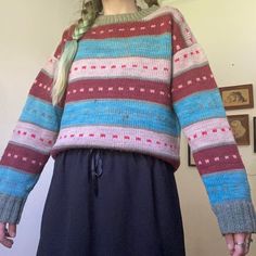 Fits like a femme large but looks cute worn roomy on a smaller frame as well. 100% sheep wool. I didn't find this to be itchy at all. Made in Peru. Has the name Erin Anderson fabric taped onto the inner neckline. Flaws: smaller hole at the shoulder near the neckline and a couple stains on the front (I haven't attempted to spot treat this so it's possible they could be lifted and appear superficial). Some areas are faded but is in otherwise great condition. Seen on a size small, 5'5"1/2, 33" bust, 26" waist & 38" hip. Shoulders: 21.5" Sleeves: 28" Chest: 21" (42") Length: 25" Retro Striped Knitted Sweater, Sweater Fits, Fabric Tape, 70s Vintage, Pullover Sweater Women, Striped Sweater, Sheep Wool, Women Pullover, Stripe Sweater