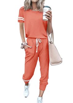 PRICES MAY VARY. Material:2 piece outfits for women summer is made of soft and breathable fabric to provide you comfortable wearing experience.Sweatsuits for women set 2 piece includes short sleeve pullover and sweat pants .Size Guide:XS=US 0-2，S=US 4-6，M=US 8-10，L=US 12-14，XL=US 16-18，XXL=US 20-22. Features:Outfits for women 2 piece sets,short sleeve lounge sets for women,matching sets for women,jogger sets for women 2 piece,tracksuit for women set,jogging suits for women 2 piece set,matching w Relaxed Fit Leisure Sets For Spring, Casual Leisure Sets With Pockets, Orange Loungewear Sets For Summer, Spring Athleisure Sets With Relaxed Fit, Orange Summer Loungewear Sets, Sporty Relaxed Fit Sets For Spring, Casual Leisure Sets For Spring, Casual Orange Loungewear Sets, Casual Spring Leisure Sets