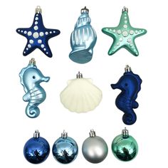 christmas ornaments with sea animals and starfishs on them, all in different colors