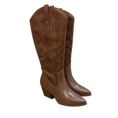 Soda Zaki Brown Cowboy Boots Pu Faux Leather And Suede With Block Heel And Stitched Design Brand New In Box Multiple Sizes Available Perfect For A Festival Set, Rave Outfit, Western Wear, A Costume, Dollskill Shoes Lovers, Shoppers Of Urban Outfitters, And More #Nwt #Summer #Booties #Womens #Fashion Casual Brown Snip Toe Heeled Boots, Winter Wide Calf Heeled Boots For Rodeo, High Heel Boots For Rodeo In Fall, High Heel Boots For Rodeo And Fall, Western Faux Leather Boots For Fall, Brown Snip Toe Heeled Boots For Winter, Wide Calf Boots For Rodeo In Winter, Winter Faux Leather Snip Toe Boots, Western Brown Heeled Boots For Winter