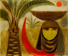 a painting with a woman's head in front of a palm tree and stairs