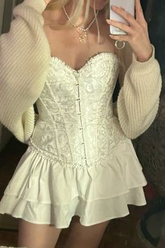 #dress #white #corset #outfit #cute #coquette #girly #kawaii White Lace Corset Dress, White Corset Outfit, Coquette Corset, White Lace Corset, Lace Corset Dress, Corset Outfit, Cute Coquette, Bandeau One Piece Swimsuit, Outfit Cute