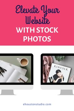 two computer screens with text that reads, create your website with stock photos on them