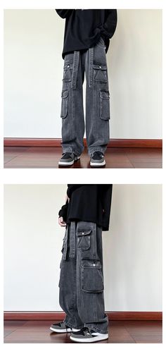 Threebooy 2024 New Men Cargo Jeans Wide Leg Pants Multiple Pockets Bag – threebooy Casual Gray Jeans With Multiple Pockets, Gray Denim Pants With Pockets, Baggy Gray Denim Cargo Jeans, Gray Baggy Denim Cargo Jeans, Casual Gray Straight Leg Cargo Jeans, Casual Gray Jeans With Belt Loops, Gray Streetwear Jeans With Multiple Pockets, Gray Jeans With Multiple Pockets For Streetwear, Casual Gray Cargo Style Jeans