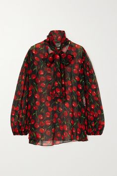 Dolce&Gabbana took a  fruity  approach when designing this blouse. Cut from lightweight silk-chiffon, it's printed with juicy red cherries and has soft ties that can be knotted or left to flutter. Black Chiffon Blouse, Printed Chiffon Blouse, Silk Chiffon Blouse, Star Light Star Bright, Star Light, Guilty Pleasures, Printed Silk, Chiffon Blouse, Pink Blouse