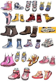 a bunch of different types of shoes that are on display in a drawing or illustration